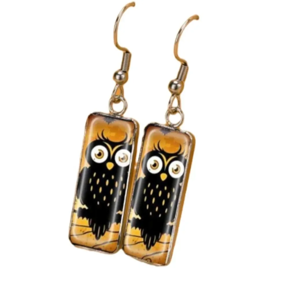 Owl Design Dangling Rectangular Hook Earrings - Picture 1 of 7
